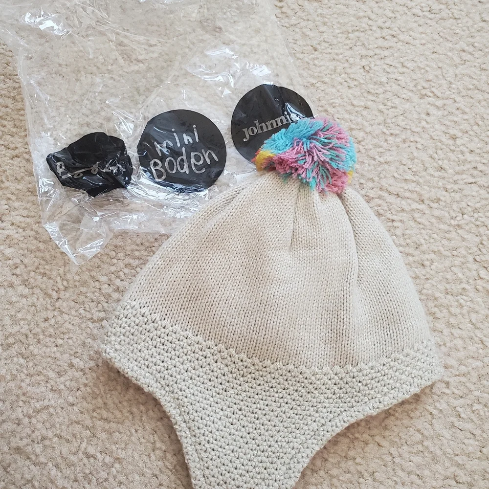 Mini Boden Cream Knit Pom Pom Hat